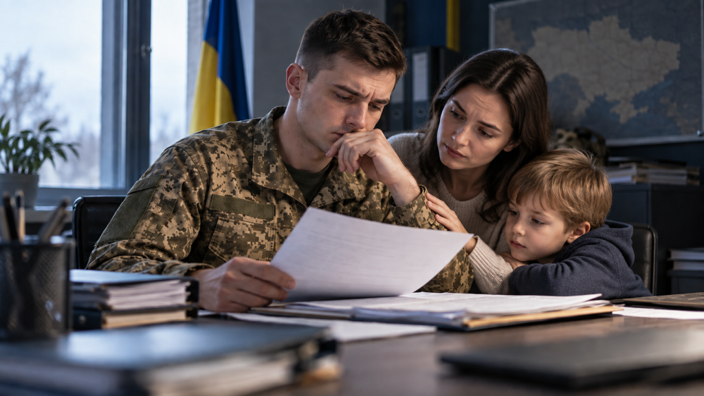 Військовослужбовець із дружиною та дитиною переглядає документи щодо звільнення зі служби за сімейними обставинами