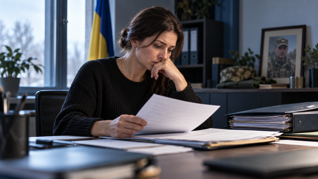 Дружина військовослужбовця за столом уважно вивчає документи щодо виплати 1 млн грн
